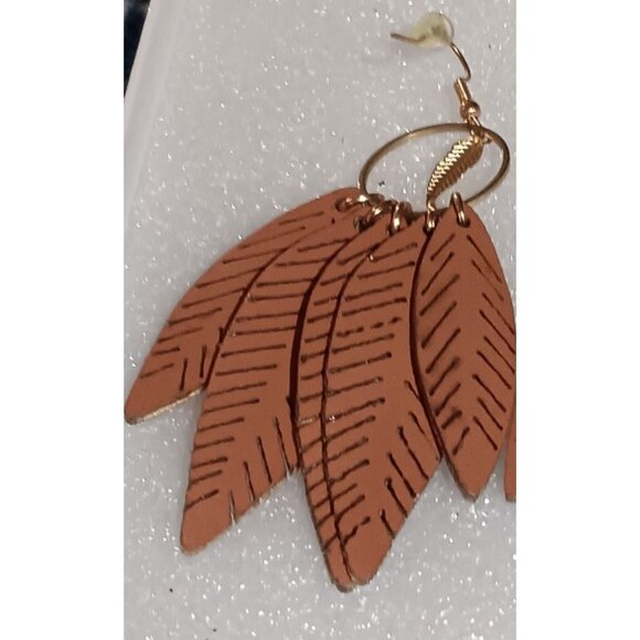 Brown Leather Leaf Dangle Earrings With Gold-Tone Hoops Lightweight & Stylish Ac - Picture 2 of 3